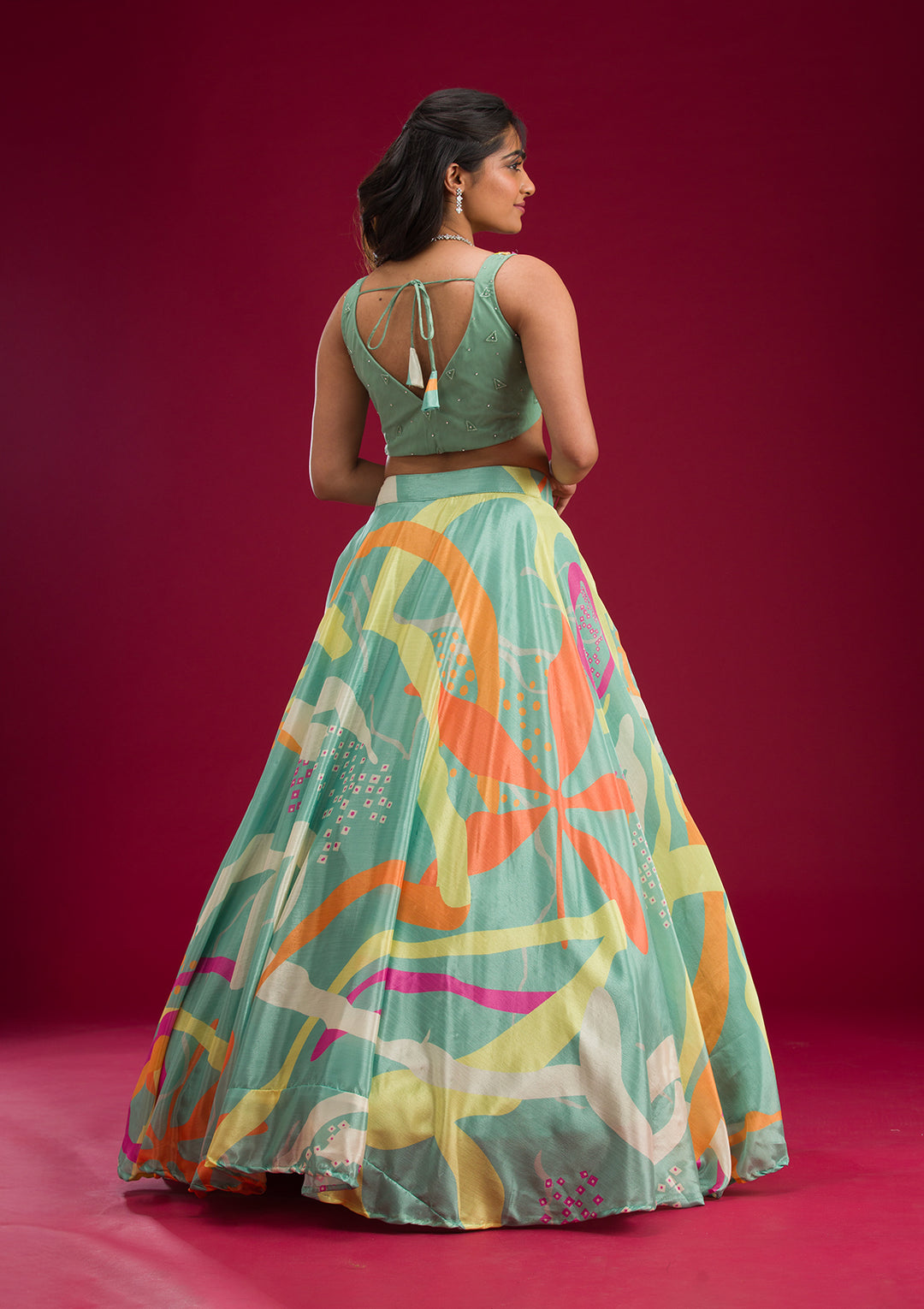 Turquoise Blue Printed Semi Crepe Readymade Lehenga