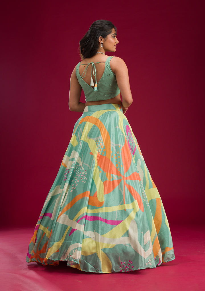 Turquoise Blue Printed Semi Crepe Readymade Lehenga