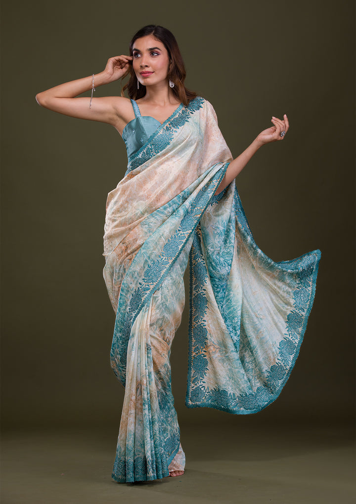 Turquoise Blue Printed Semi Crepe Saree-Koskii