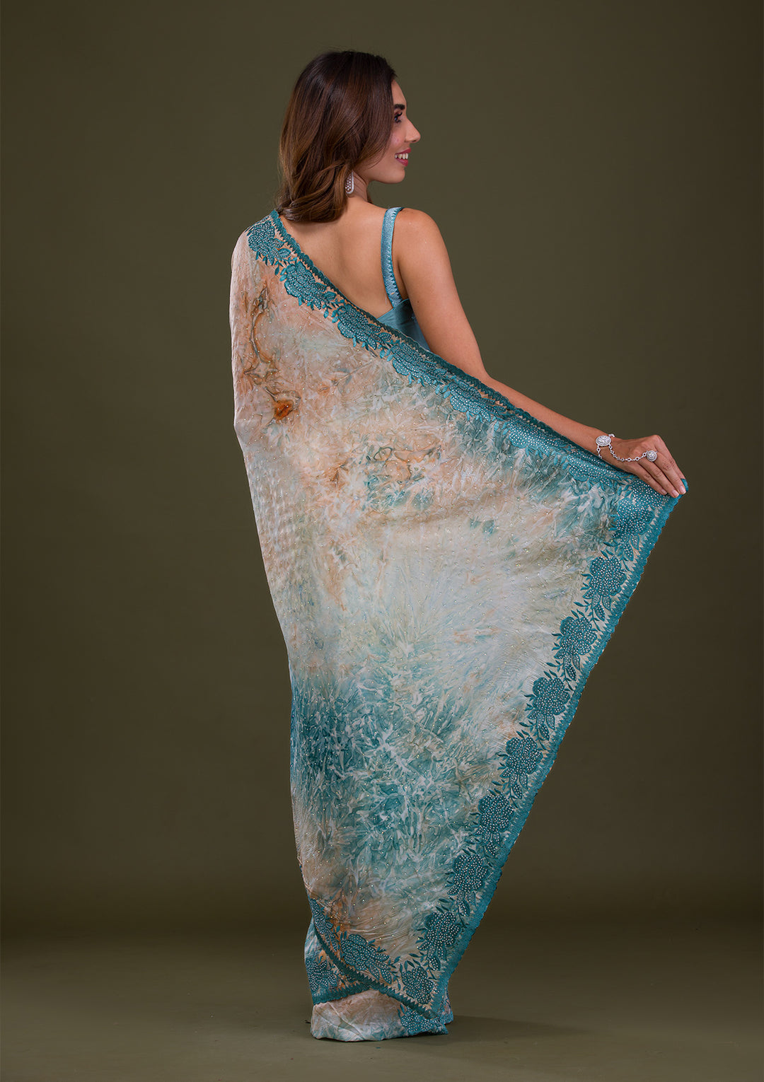 Turquoise Blue Printed Semi Crepe Saree