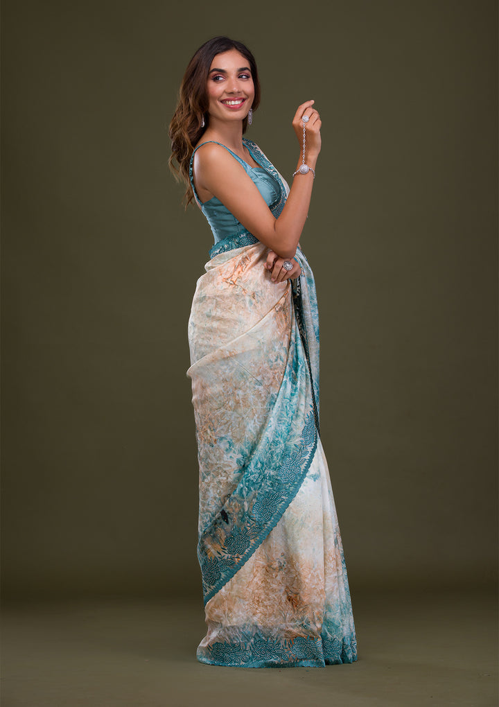 Turquoise Blue Printed Semi Crepe Saree