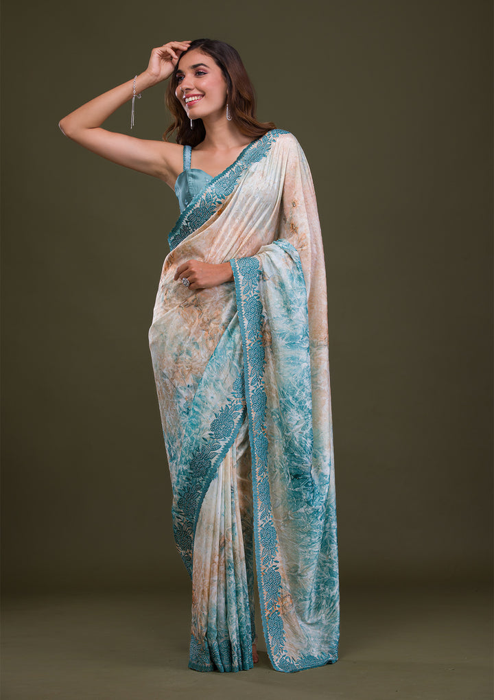 Turquoise Blue Printed Semi Crepe Saree