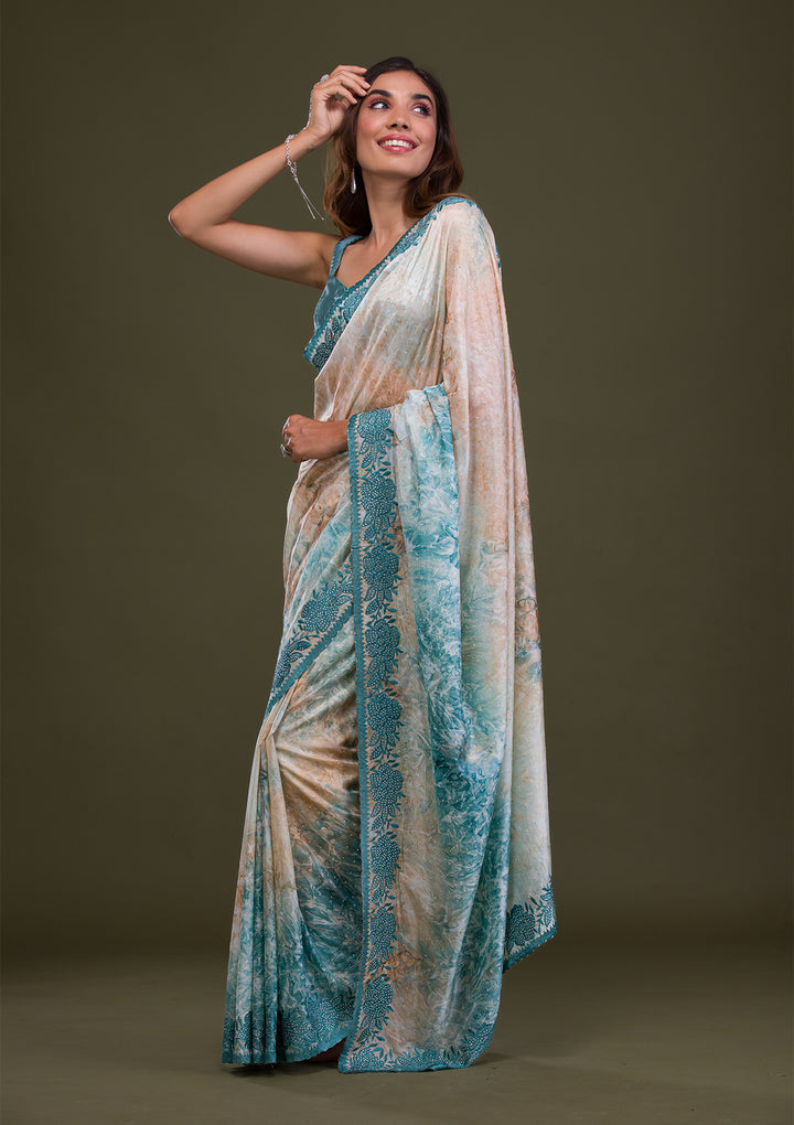 Turquoise Blue Printed Semi Crepe Saree