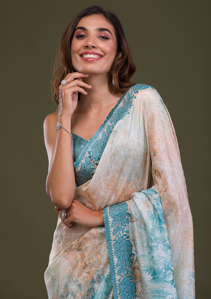 Turquoise Blue Printed Semi Crepe Saree