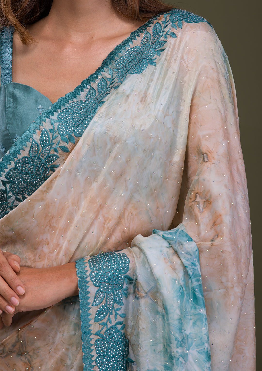 Turquoise Blue Printed Semi Crepe Saree