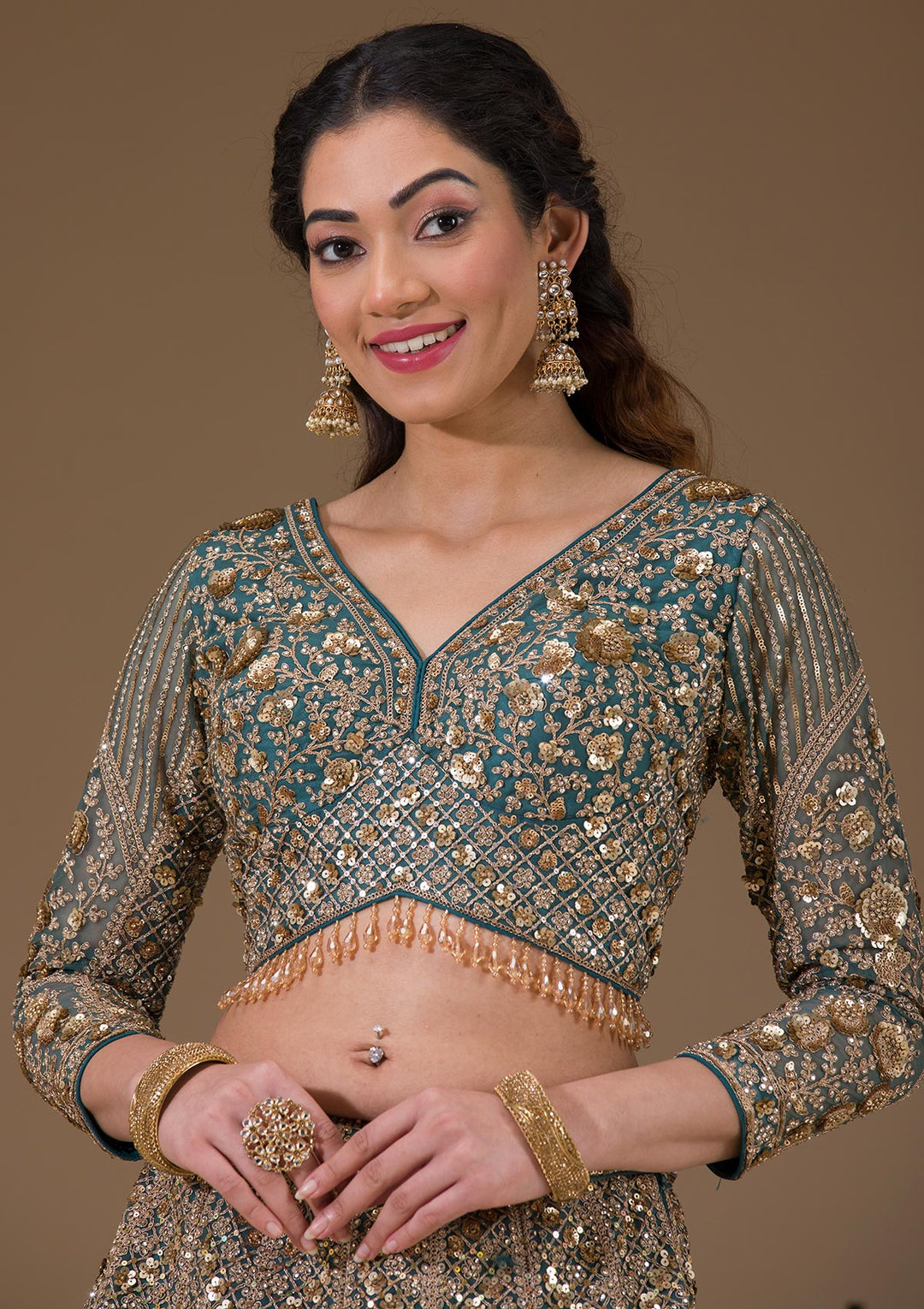 Turquoise Blue Sequins Net Readymade Lehenga