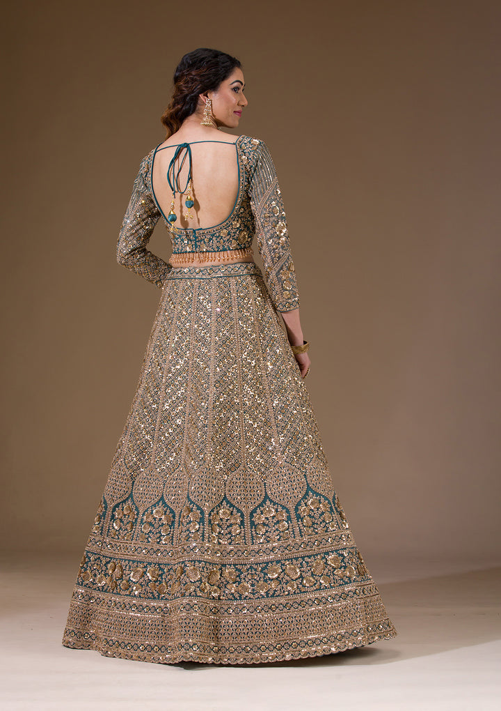Turquoise Blue Sequins Net Readymade Lehenga