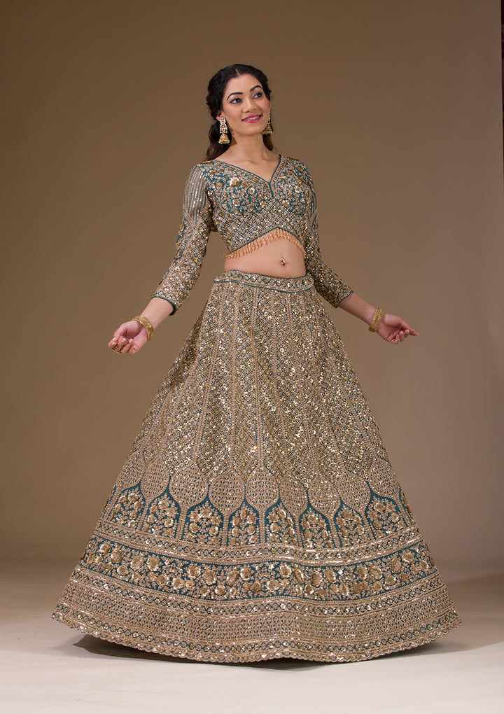 Turquoise Blue Sequins Net Readymade Lehenga