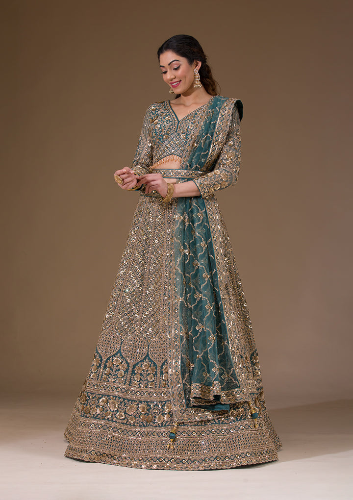 Turquoise Blue Sequins Net Readymade Lehenga