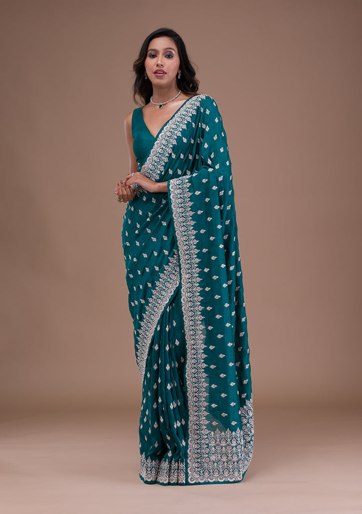 Turquoise Blue Silver Zariwork Raw Silk Saree