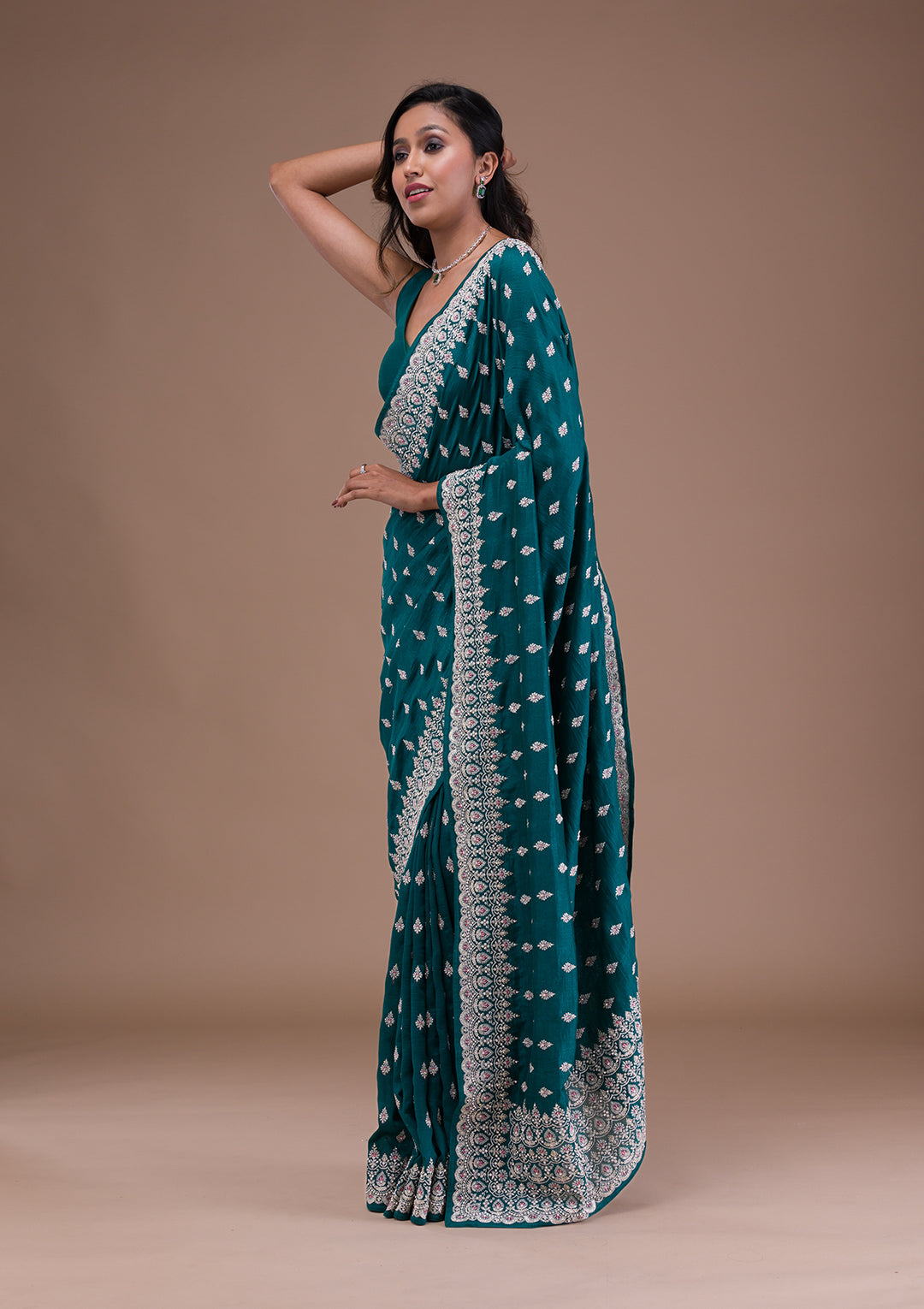 Turquoise Blue Silver Zariwork Raw Silk Saree
