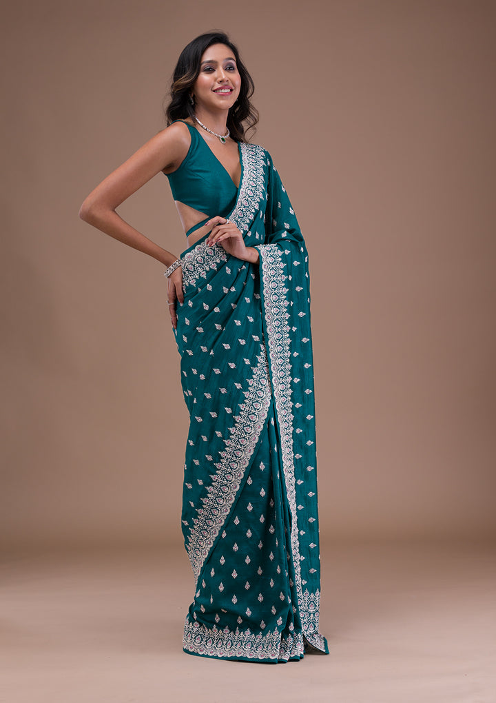 Turquoise Blue Silver Zariwork Raw Silk Saree