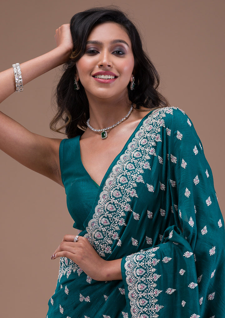 Turquoise Blue Silver Zariwork Raw Silk Saree