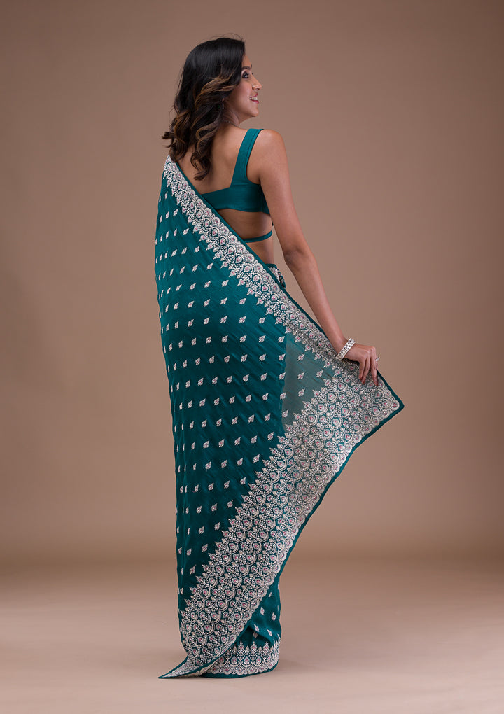 Turquoise Blue Silver Zariwork Raw Silk Saree