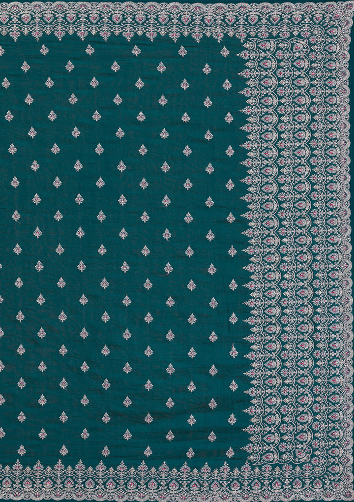 Turquoise Blue Silver Zariwork Raw Silk Saree