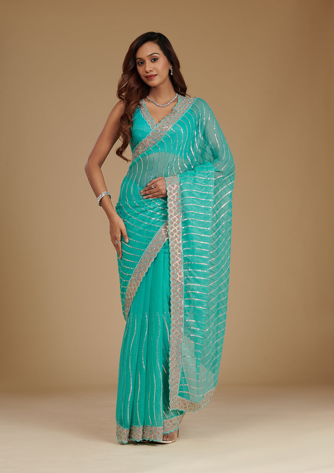 Turquoise Blue Stonework Chiffon Saree