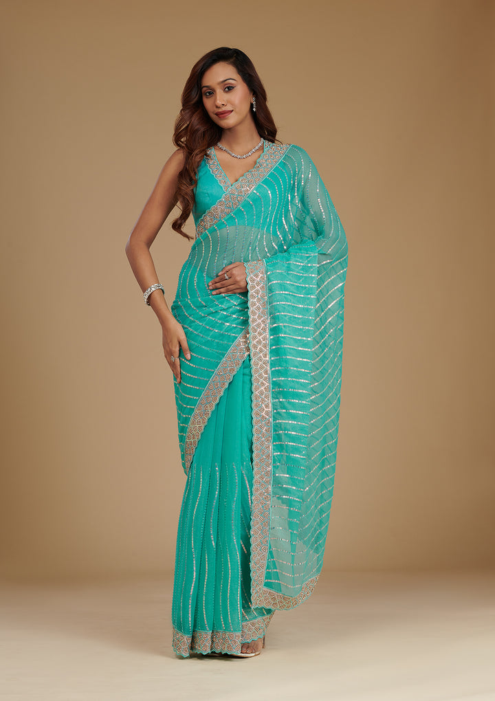 Turquoise Blue Stonework Chiffon Saree