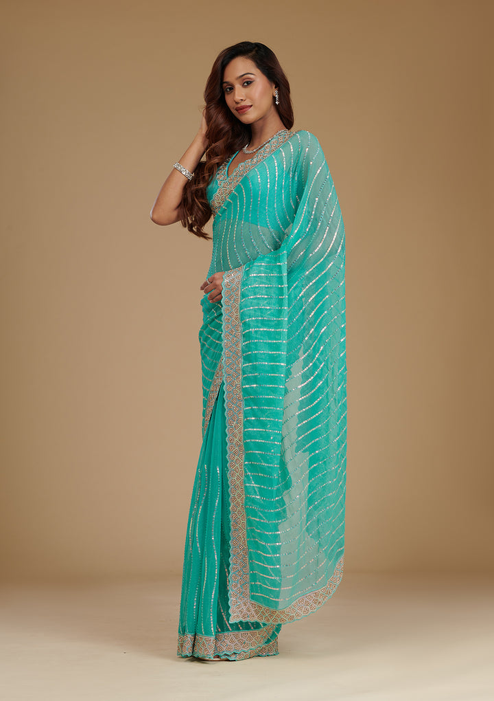 Turquoise Blue Stonework Chiffon Saree