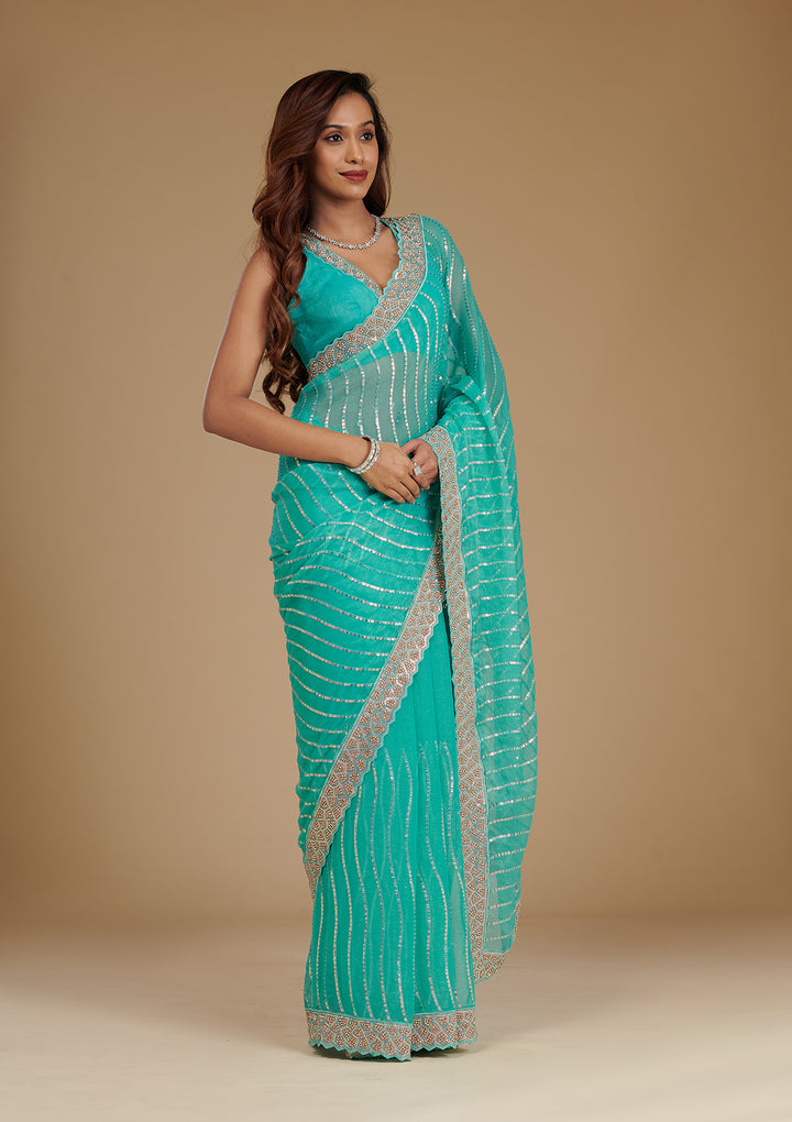 Turquoise Blue Stonework Chiffon Saree