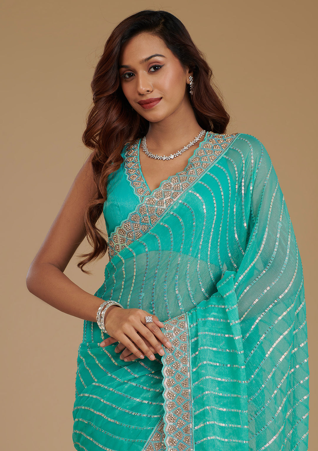 Turquoise Blue Stonework Chiffon Saree