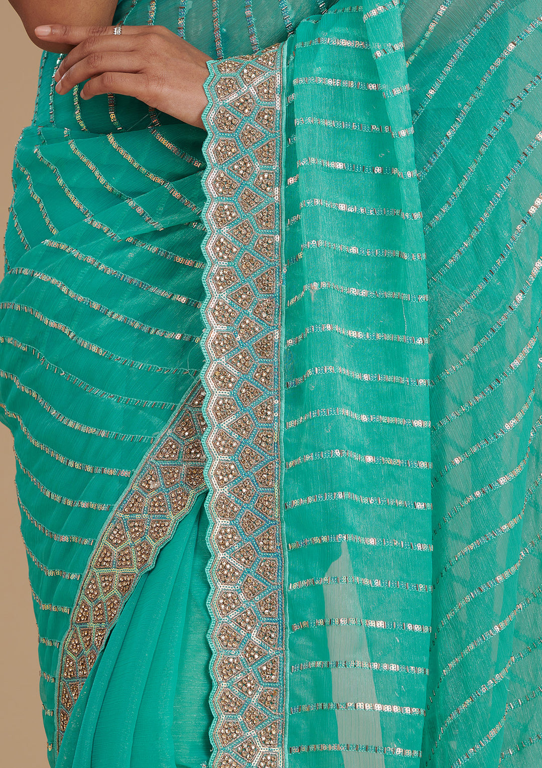 Turquoise Blue Stonework Chiffon Saree