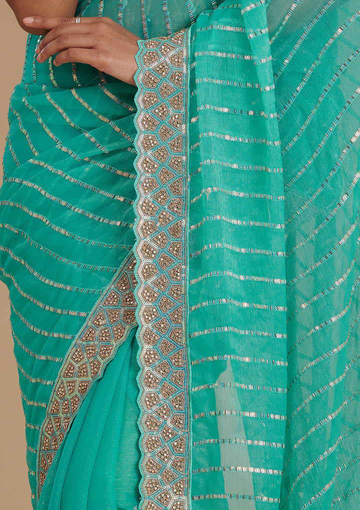 Turquoise Blue Stonework Chiffon Saree