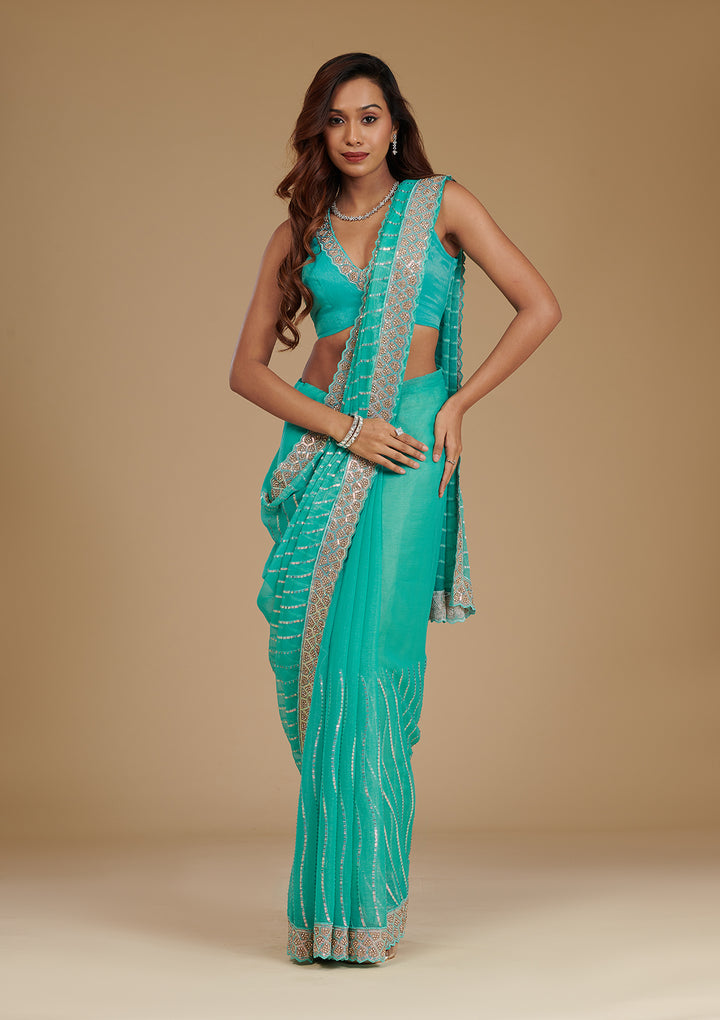 Turquoise Blue Stonework Chiffon Saree