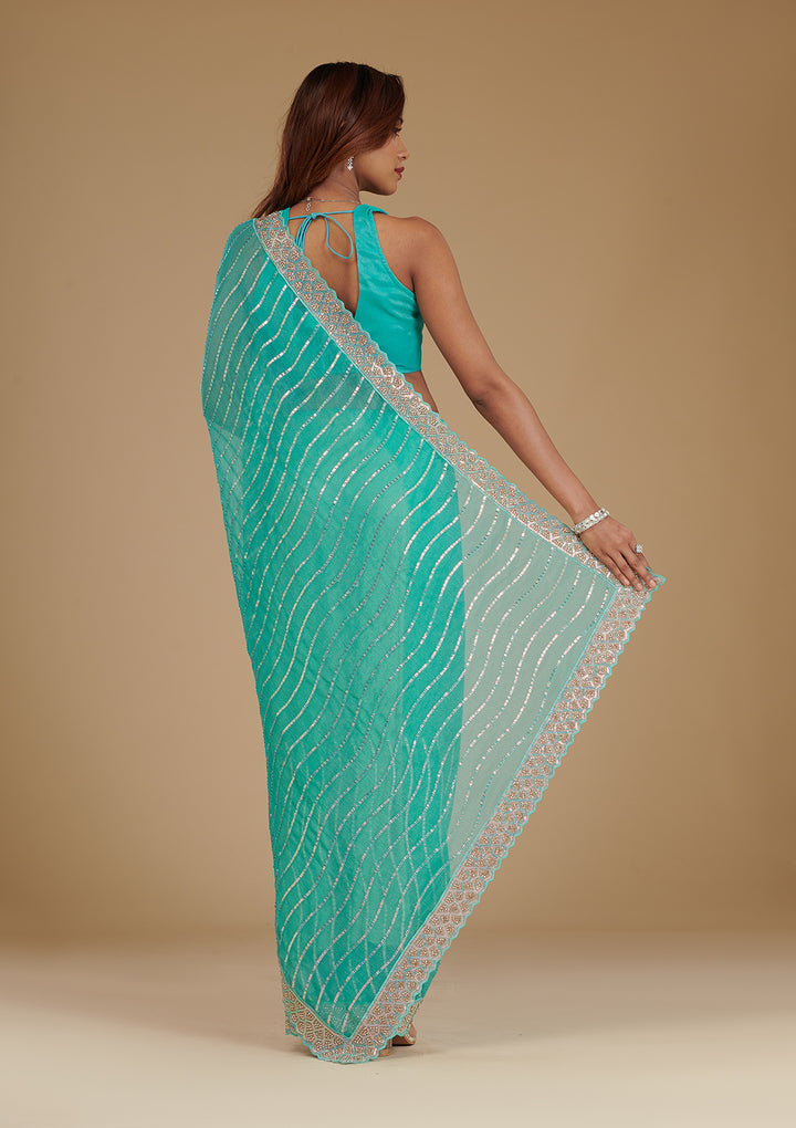 Turquoise Blue Stonework Chiffon Saree