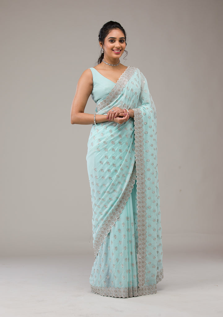 Sky Blue Stonework Georgette Saree