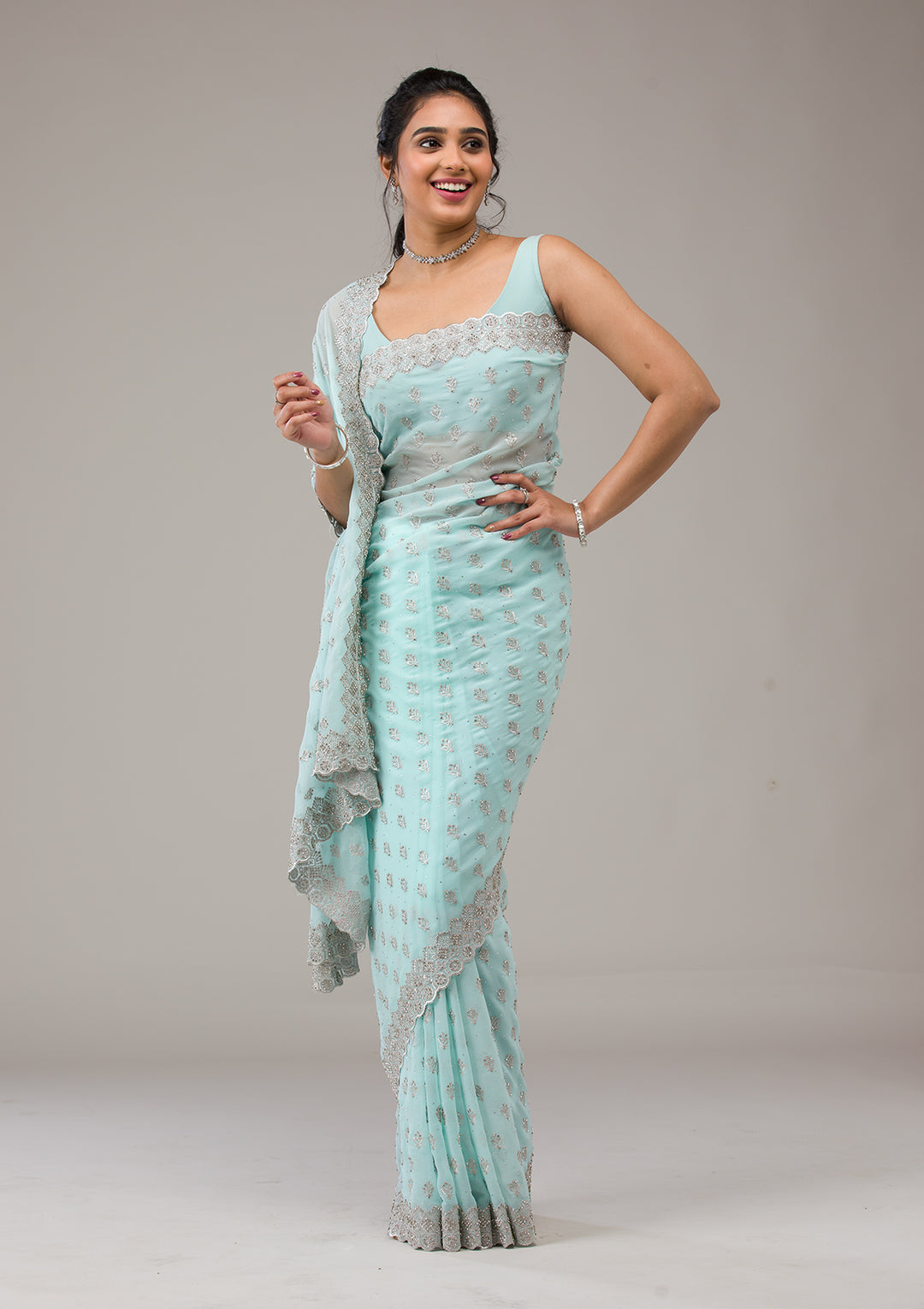 Sky Blue Stonework Georgette Saree