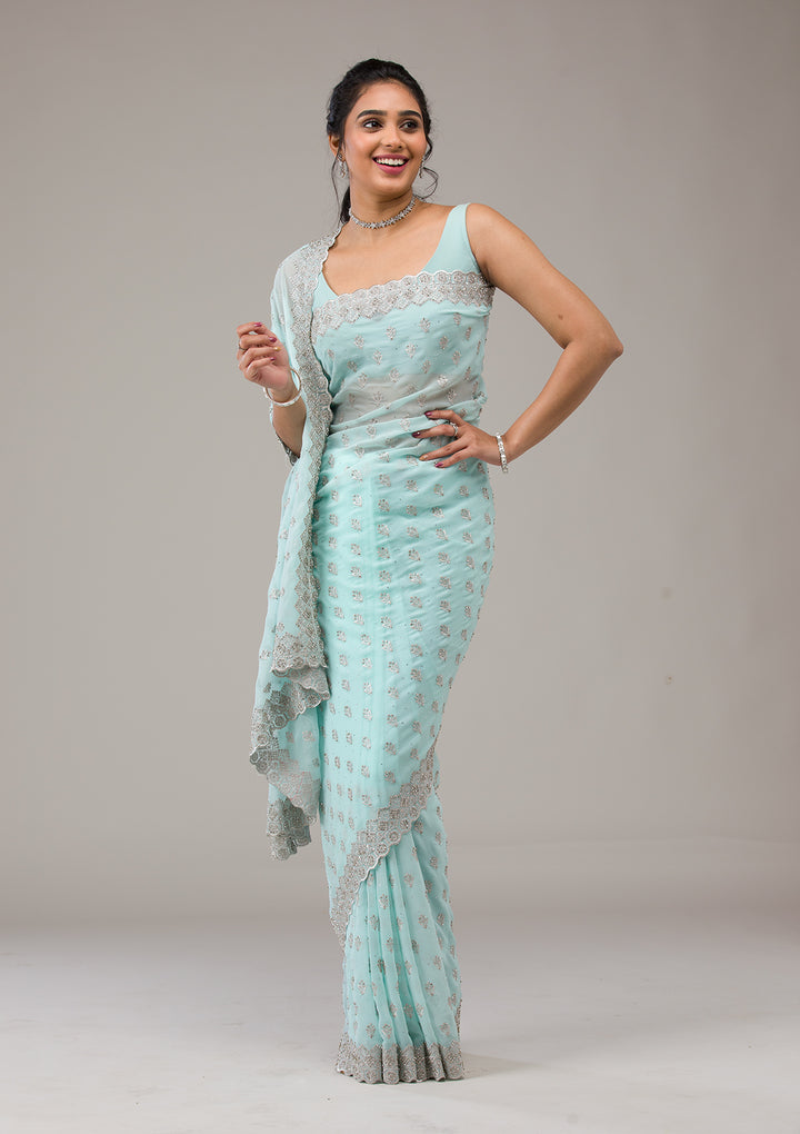 Sky Blue Stonework Georgette Saree