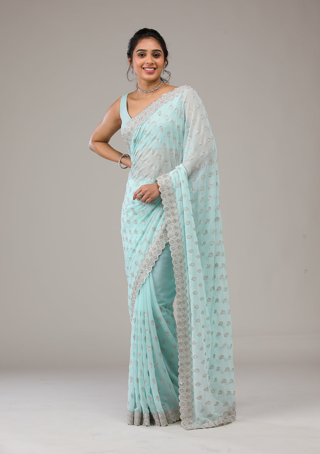 Sky Blue Stonework Georgette Saree