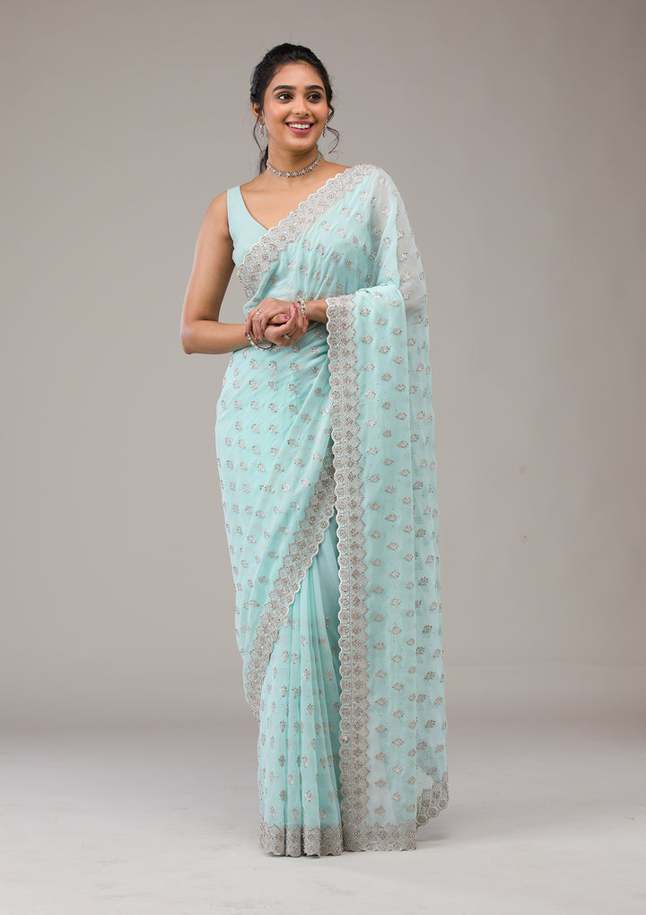 Sky Blue Stonework Georgette Saree