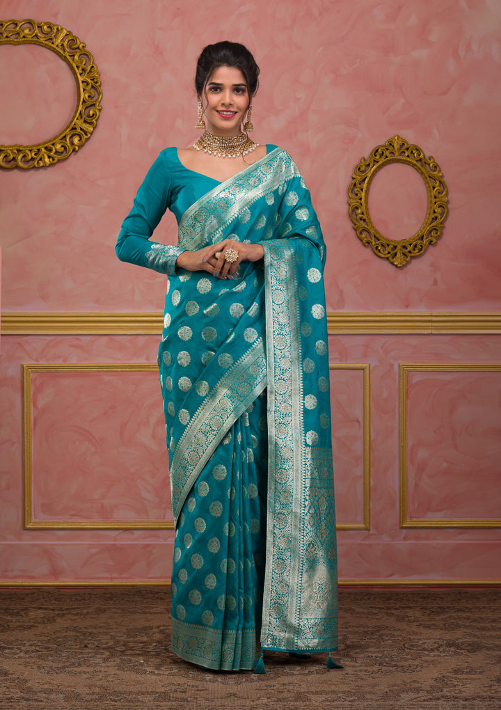 Turquoise Blue Swarovski Art Silk Saree