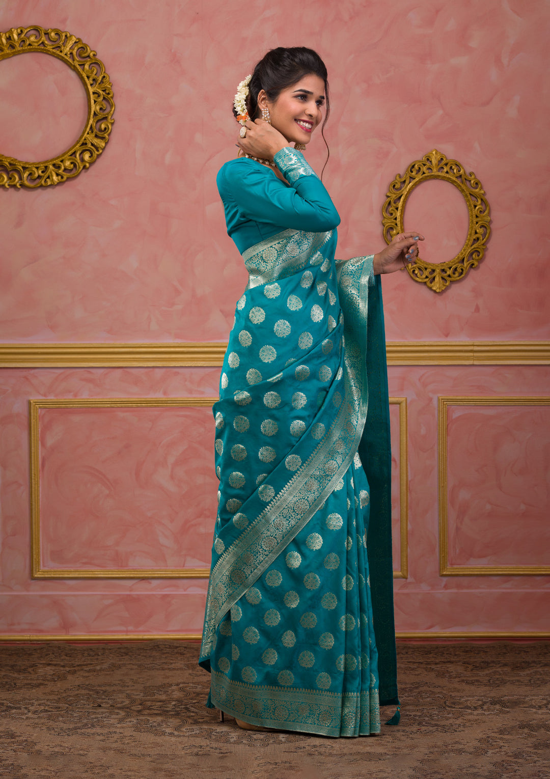 Turquoise Blue Swarovski Art Silk Saree