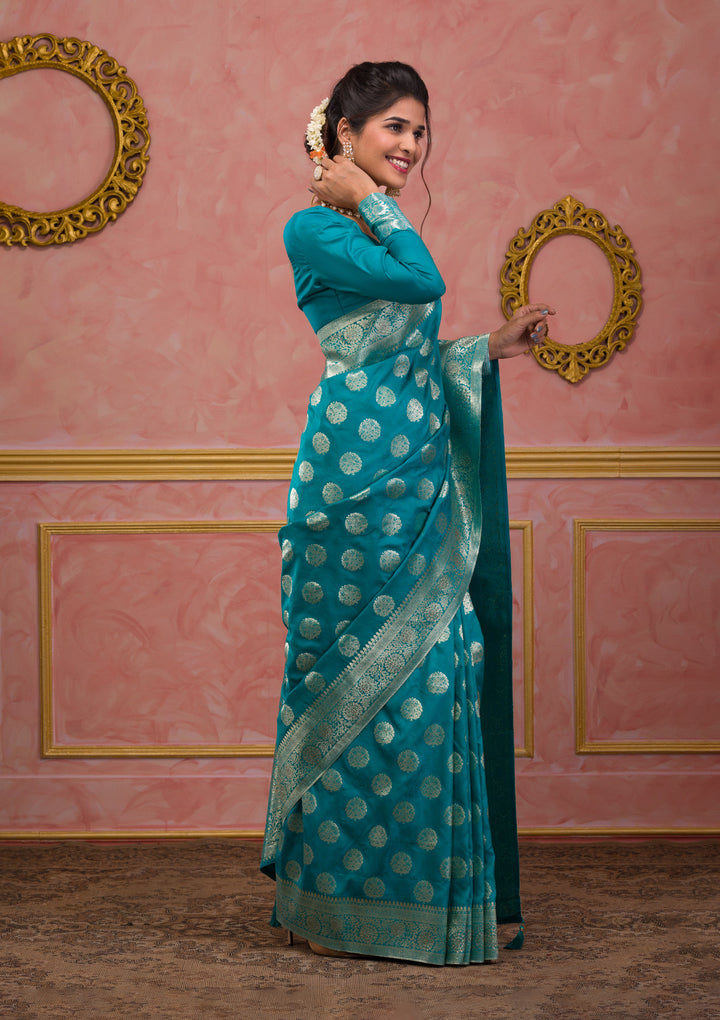 Turquoise Blue Swarovski Art Silk Saree