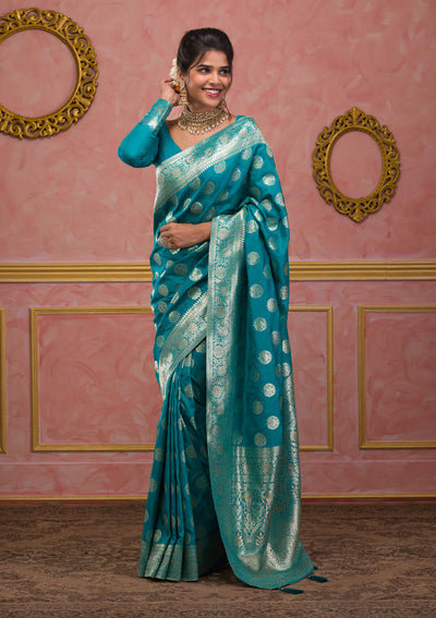 Turquoise Blue Swarovski Art Silk Saree-Koskii
