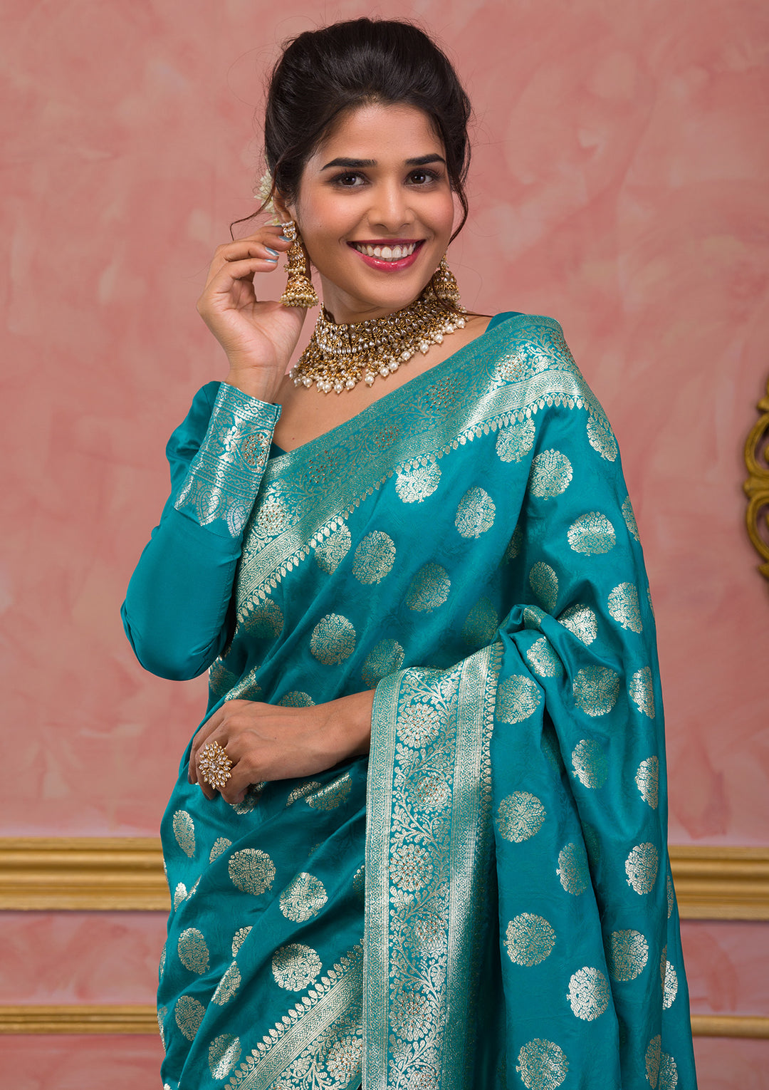 Turquoise Blue Swarovski Art Silk Saree