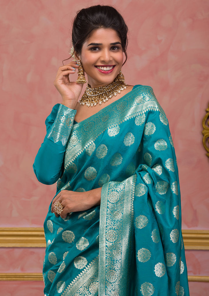 Turquoise Blue Swarovski Art Silk Saree