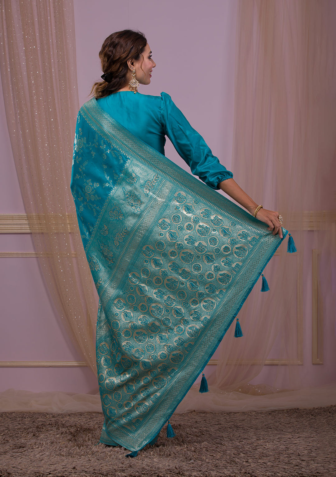 Turquoise Blue Swarovski Banarasi Saree