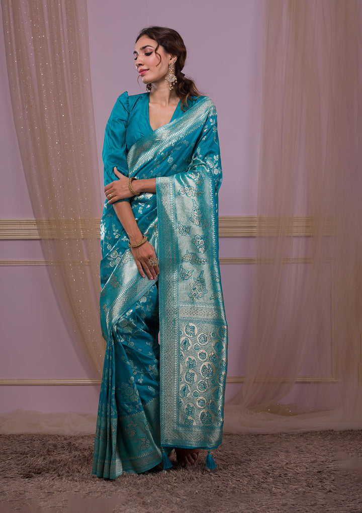 Turquoise Blue Swarovski Banarasi Saree