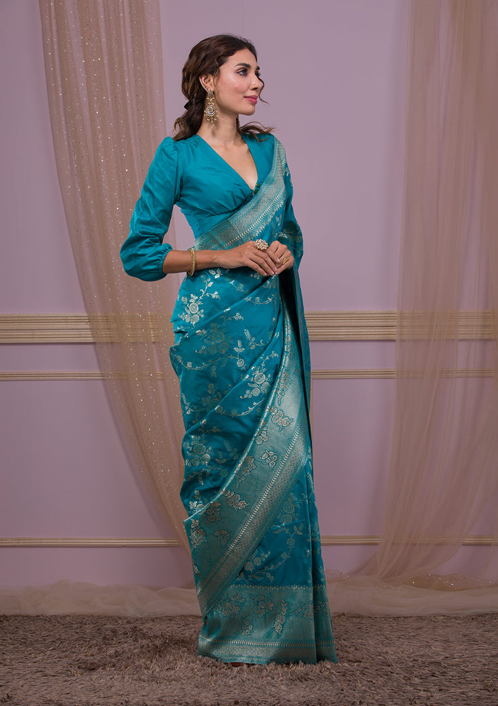 Turquoise Blue Swarovski Banarasi Saree
