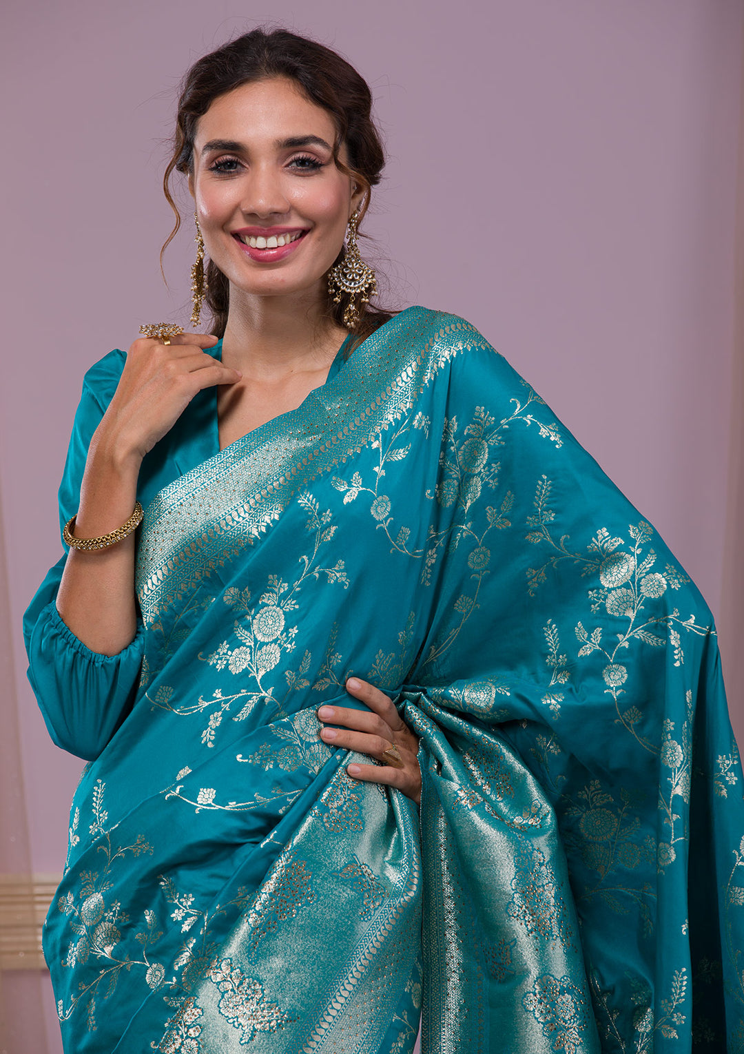 Turquoise Blue Swarovski Banarasi Saree