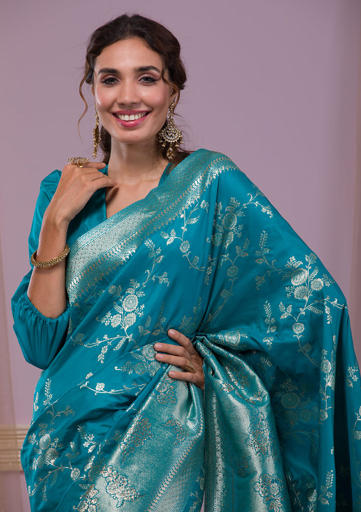 Turquoise Blue Swarovski Banarasi Saree