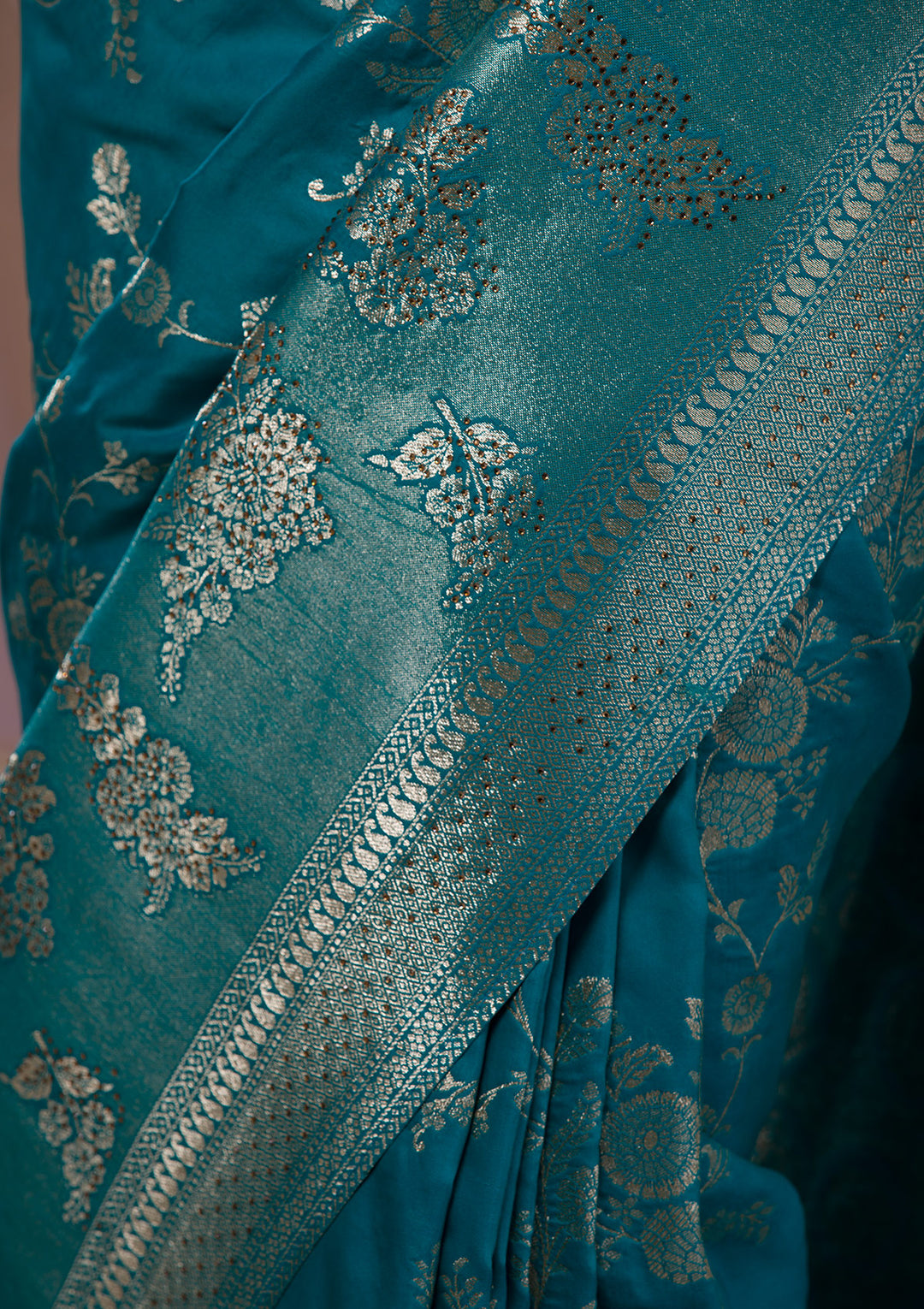 Turquoise Blue Swarovski Banarasi Saree
