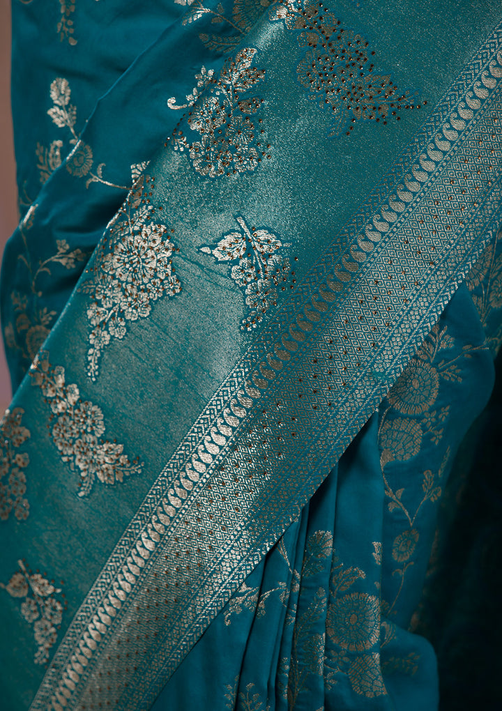 Turquoise Blue Swarovski Banarasi Saree