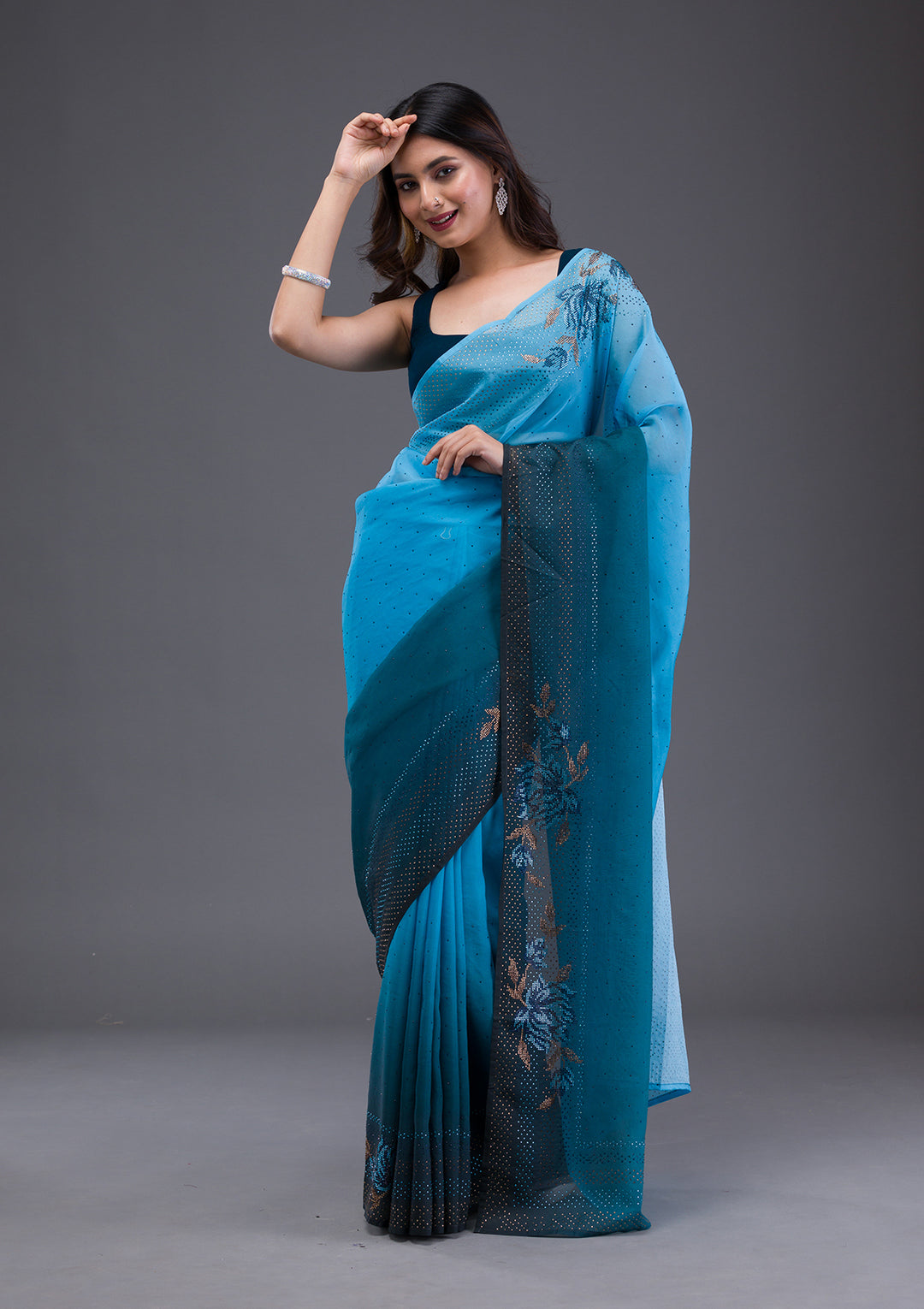 Turquoise Blue Swarovski Satin Saree
