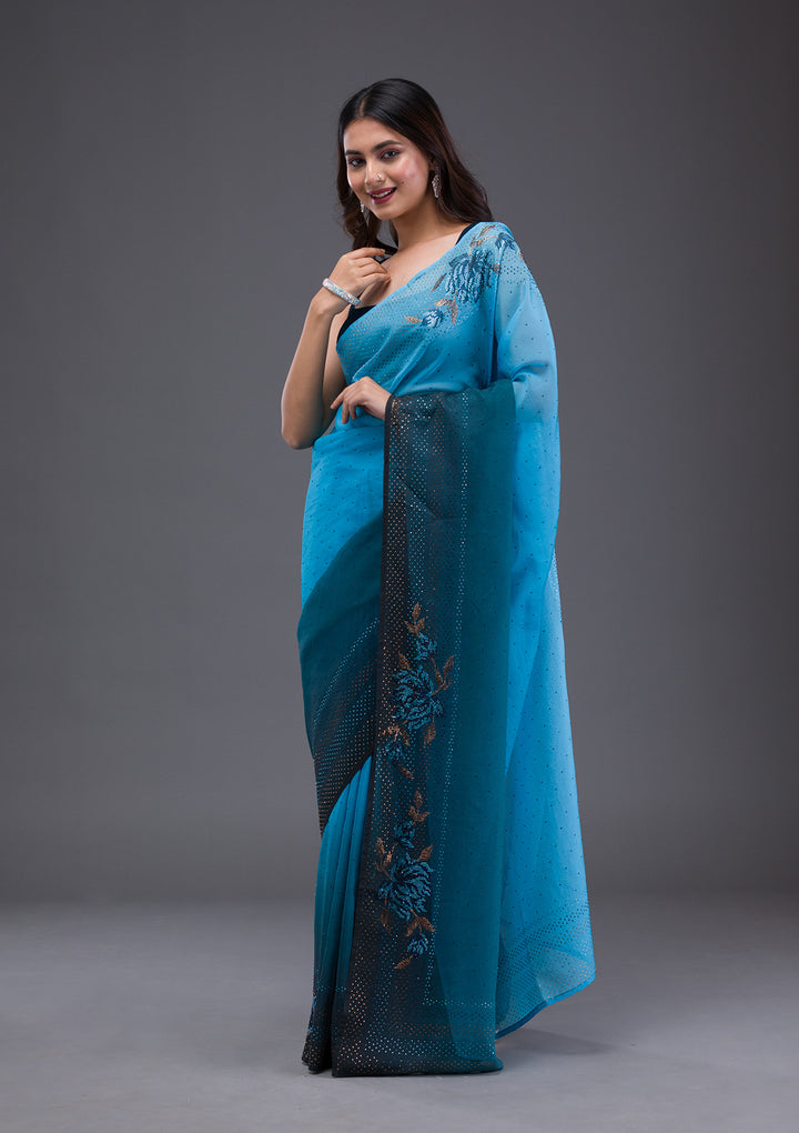 Turquoise Blue Swarovski Satin Saree