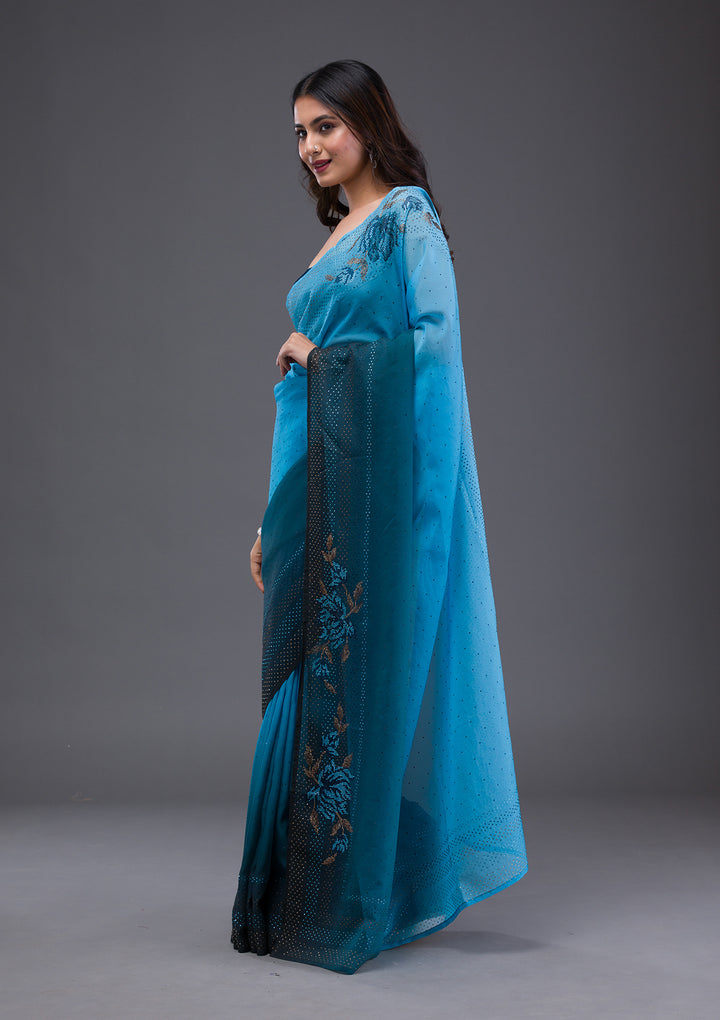 Turquoise Blue Swarovski Satin Saree