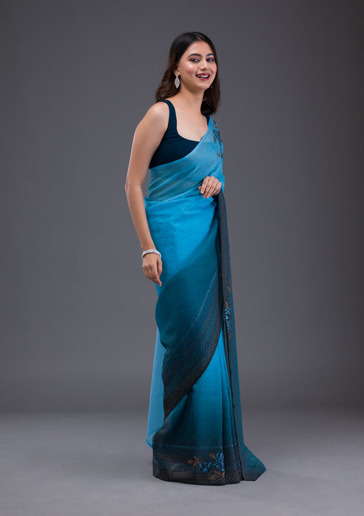 Turquoise Blue Swarovski Satin Saree